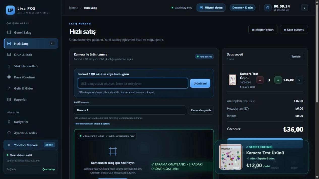 Liva POS Hızlı Satış ekranı, resimli ürün bildirimi ve satış sepeti
